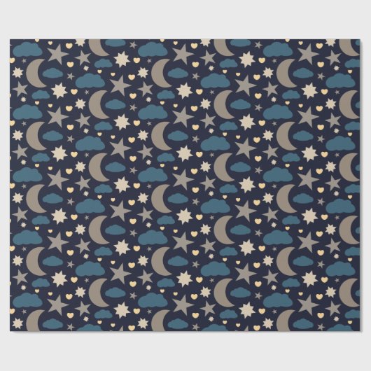 Navy Blue Moon Stars and Clouds Gift Wrap Geschenkpapier (Flach)