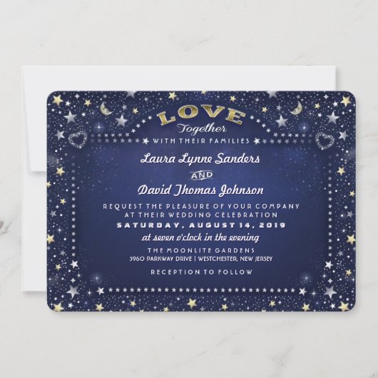 Navy Blue Moon Stars mit Familien laden ein Einladung (Vorderseite)