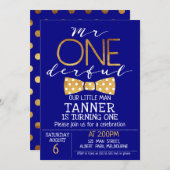 Navy Blue Mr. One derful Birthday Einladung (Vorne/Hinten)