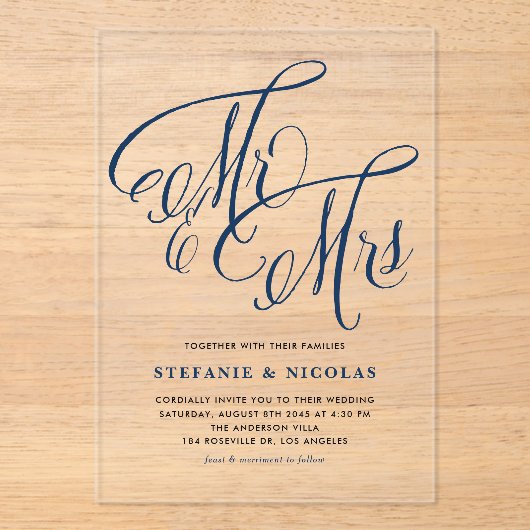 Navy Blue Mr. und Mrs. Rustic Calligraphy Wedding Acryleinladungen (Vorderseite)