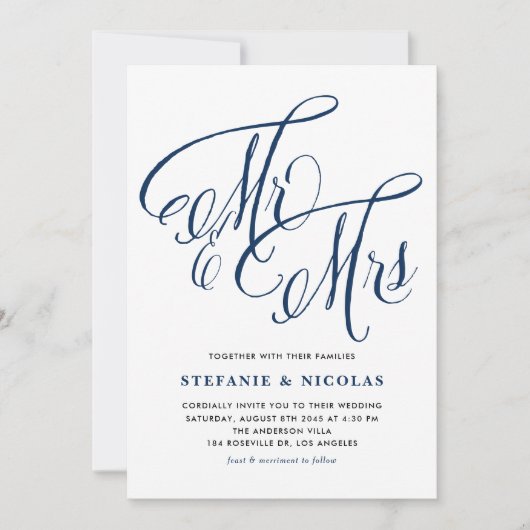Navy Blue Mr. und Mrs. Rustic Calligraphy Wedding Einladung (Vorderseite)
