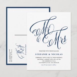 Navy Blue Mr. und Mrs. Rustic Calligraphy Wedding Einladungspostkarte
