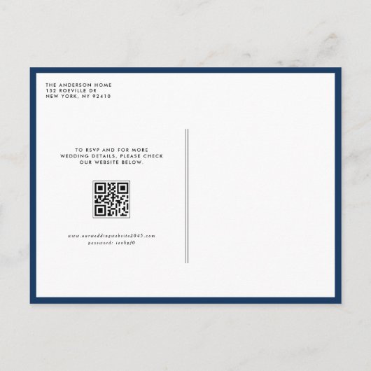 Navy Blue Mr. und Mrs. Rustic Script QR Code Hochz Einladungspostkarte (Rückseite)