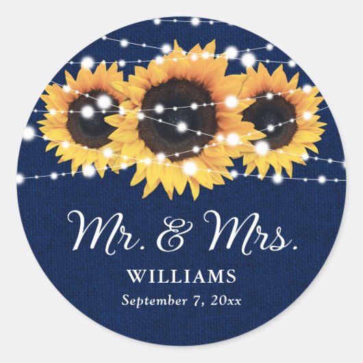 Navy Blue Mr. und Mrs. Sunflower Wedding Stickers (Vorderseite)
