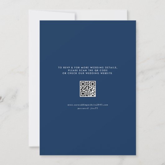 Navy Blue Mrs & Mrs. Rustic Script QR Code Hochzei Einladung (Rückseite)