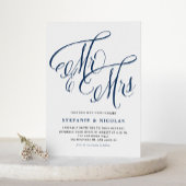 Navy Blue Mrs & Mrs. Rustic Script QR Code Hochzei Einladung