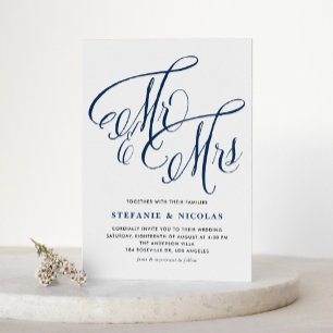Navy Blue Mrs & Mrs. Rustic Script QR Code Hochzei Einladung
