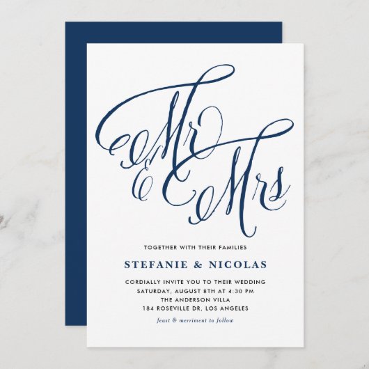 Navy Blue Mrs. und Mrs. Rustic Script Wedding Einladung (Vorne/Hinten)