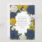 Navy Blue, Mustard Yellow & White Floral Wedding Einladung (Vorderseite)