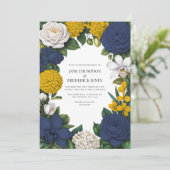 Navy Blue, Mustard Yellow & White Floral Wedding Einladung (Stehend Vorderseite)