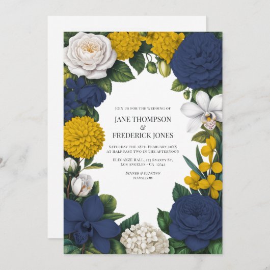 Navy Blue, Mustard Yellow & White Floral Wedding Einladung (Vorne/Hinten)
