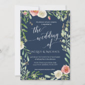 Navy Blue n Blush Floral Wedding Rose Foliage Leaf Einladung (Vorderseite)