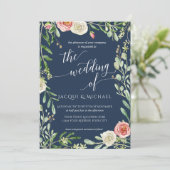 Navy Blue n Blush Floral Wedding Rose Foliage Leaf Einladung (Stehend Vorderseite)