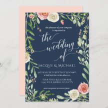 Navy Blue n Blush Floral Wedding Rose Foliage Leaf