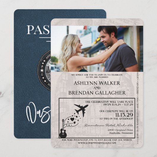 Navy Blue Nashville Passport Wedding Einladung (Vorne/Hinten)