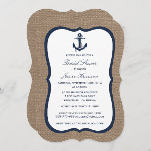 Navy Blue Nautic Anchor auf Burlap Brautparty Einladung