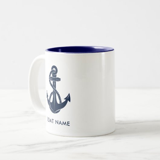 Navy Blue Nautic Anchor Boat Name Custom Zweifarbige Tasse (Vorderseite Links)