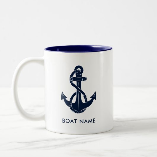 Navy Blue Nautic Anchor Boat Name Custom Zweifarbige Tasse (Links)