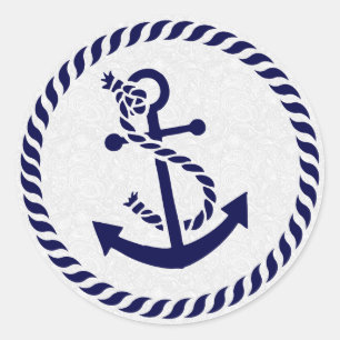 Navy Blue Nautic Anchor & Wreath Runder Aufkleber
