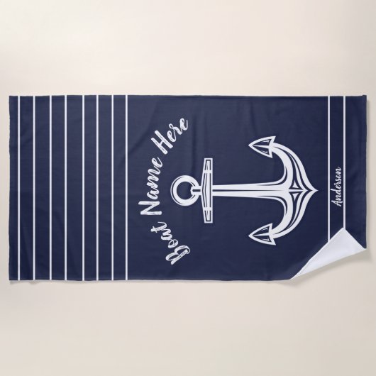 Navy Blue Nautic Anker Bootsname hinzufügen Strandtuch (Vorderseite)
