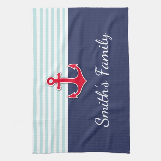 Navy Blue Nautic Design Custom Family Name Küchentuch (Vertikal)