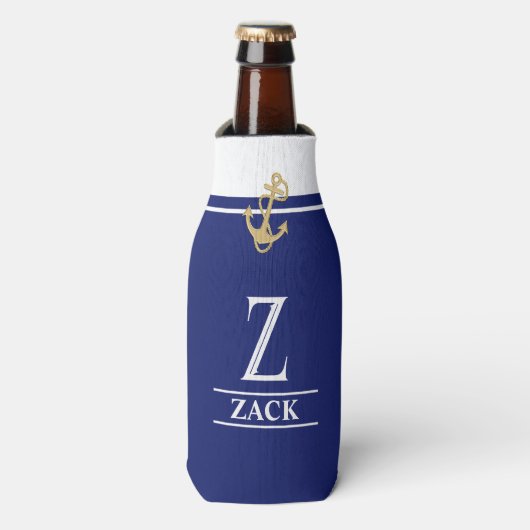 Navy Blue Nautic Mit Monogramm Bottle Cooler Flaschenkühler (Flaschenvorderseite)