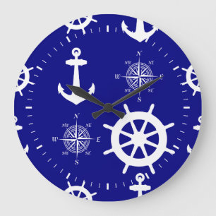 Navy Blue Nautic Pattern Große Wanduhr