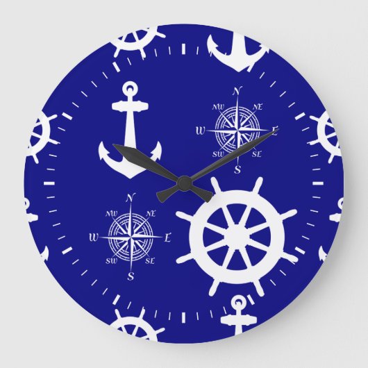 Navy Blue Nautic Pattern Große Wanduhr (Vorderseite)