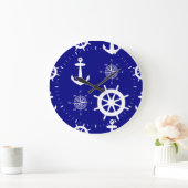 Navy Blue Nautic Pattern Große Wanduhr (Zuhause)