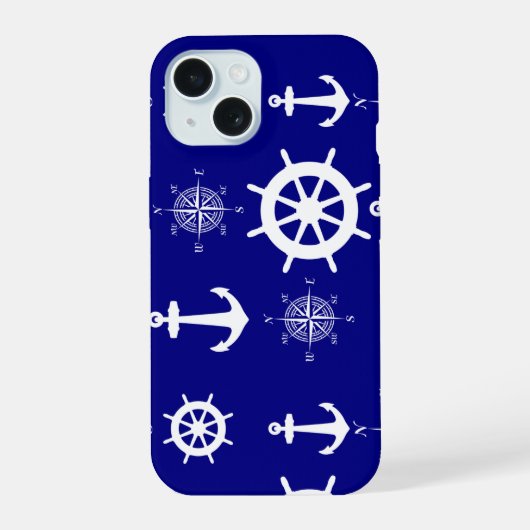 Navy Blue Nautic Pattern iPhone 15 Hülle (Rückseite)