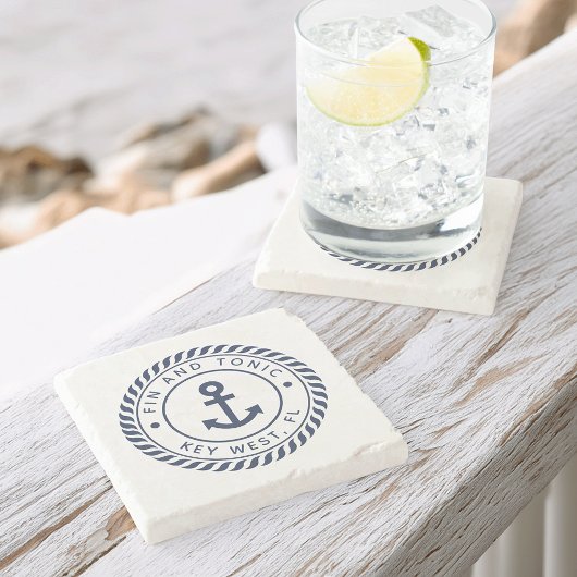 Navy Blue Nautic Rope & Anchor Boat Name Steinuntersetzer