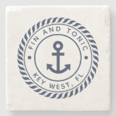 Navy Blue Nautic Rope & Anchor Boat Name Steinuntersetzer (Vorderseite)