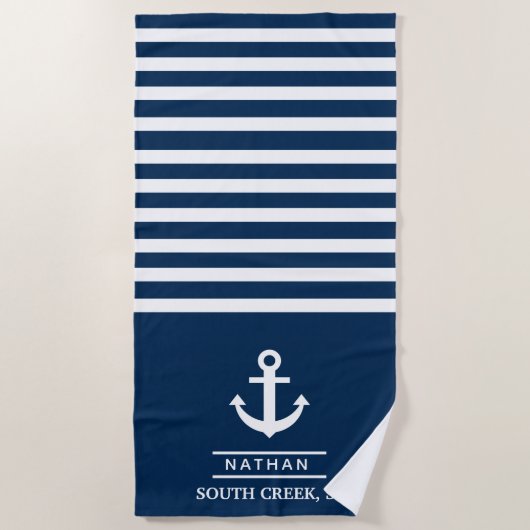 Navy Blue Nautical Anchor Custom Monogram Name Strandtuch (Vorderseite)