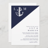 Navy Blue Nautical Anchor Elegante Moderne Hochzei Einladung (Vorne/Hinten)