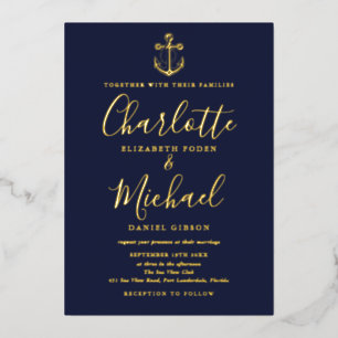Navy Blue Nautical Anchor Foto Wedding Gold Folieneinladung