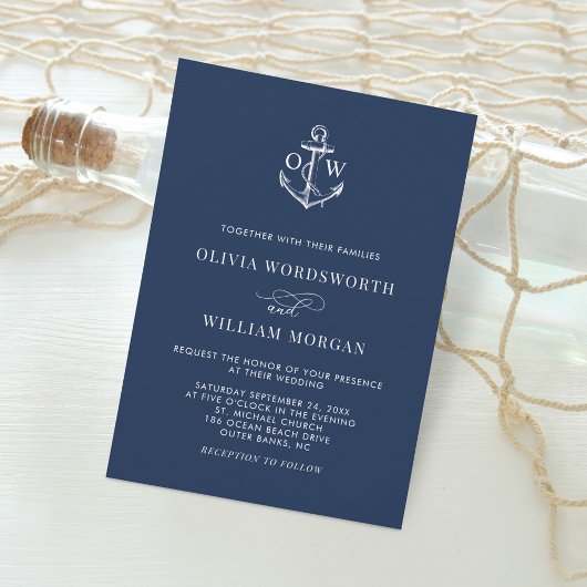 Navy Blue Nautical Anchor Monogram Minimal Wedding Einladung