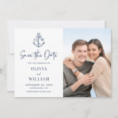 Navy Blue Nautical Anchor Monogram Wedding Foto Save The Date (Vorderseite)