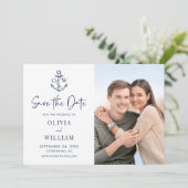 Navy Blue Nautical Anchor Monogram Wedding Foto Save The Date (Stehend Vorderseite)