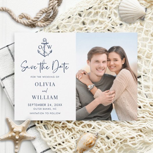 Navy Blue Nautical Anchor Monogram Wedding Foto Save The Date