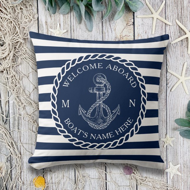 Navy Blue Nautical Anchor Rope Willkommen im Freie Kissen (Von Creator hochgeladen)