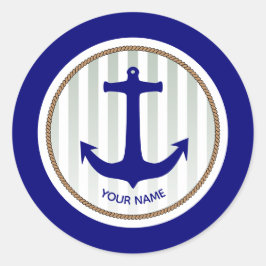 Navy Blue Nautical Anchor Stripes Runder Aufkleber