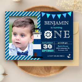 Navy Blue Nautical Baby Boy 1. Geburtstag Party Einladung