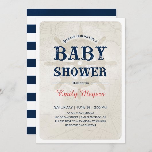 Navy Blue Nautical Baby Shower Einladung (Vorne/Hinten)