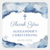 Navy Blue Nautical Baptisse Vielen Dank mit Cross Quadratischer Aufkleber (Vorderseite)