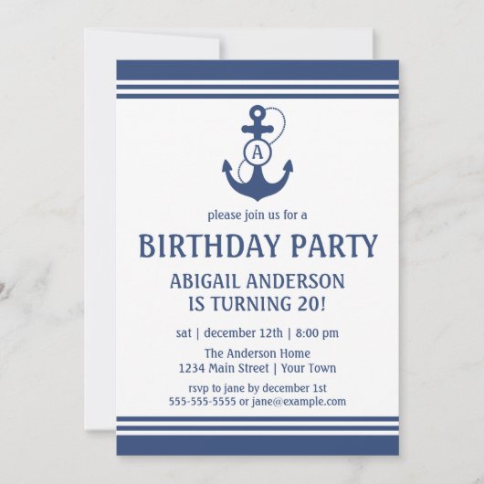 Navy Blue Nautical Birthday Party Einladungen (Vorderseite)
