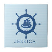 Navy Blue Nautical Boat Wheel Fliese (Vorderseite)