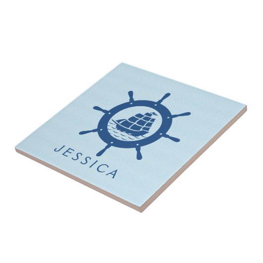 Navy Blue Nautical Boat Wheel Fliese (Seite)