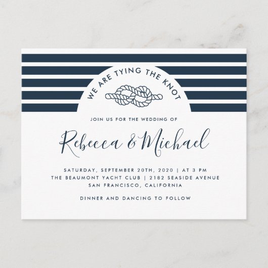 Navy Blue Nautical Bying The Knot Wedding Einladungspostkarte (Vorderseite)