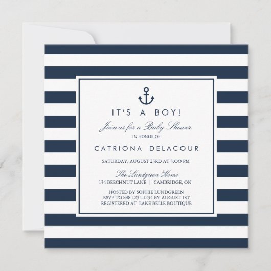 Navy Blue Nautical Es ist eine Baby-Dusche Einladung (Vorderseite)