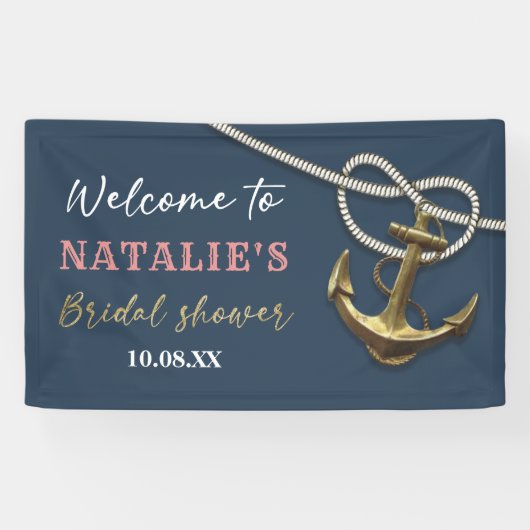 Navy Blue Nautical Gold Anchor Rope Brautparty Banner (Horizontal)